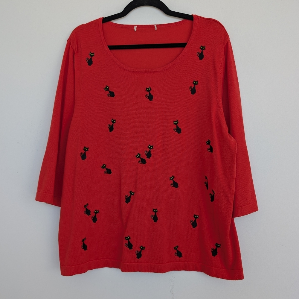 Vintage Single Stitch Crewneck Black Cat Allover Embroidery Blouse Top Sz L